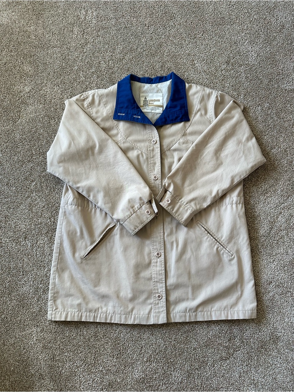 London Fog Beige Trench Coat with Blue Contrast Collar